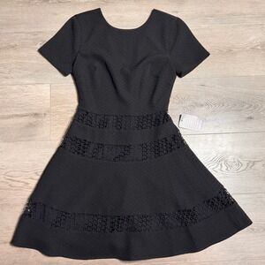 NWT Chelsea 28 Black Textured Fit Flare Dress Laser Cutout Details XSmall